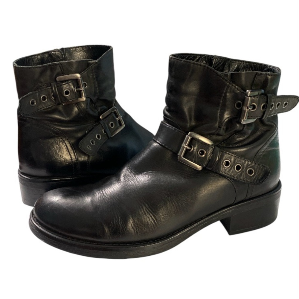 Aquatalia by Marvin K Black Leather Moto Buckle Ankle Boots Sz 6.5 EUC Italy